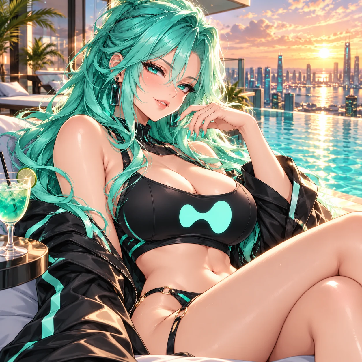 Calm: Hyper-chan relaxing beside a sunset pool
